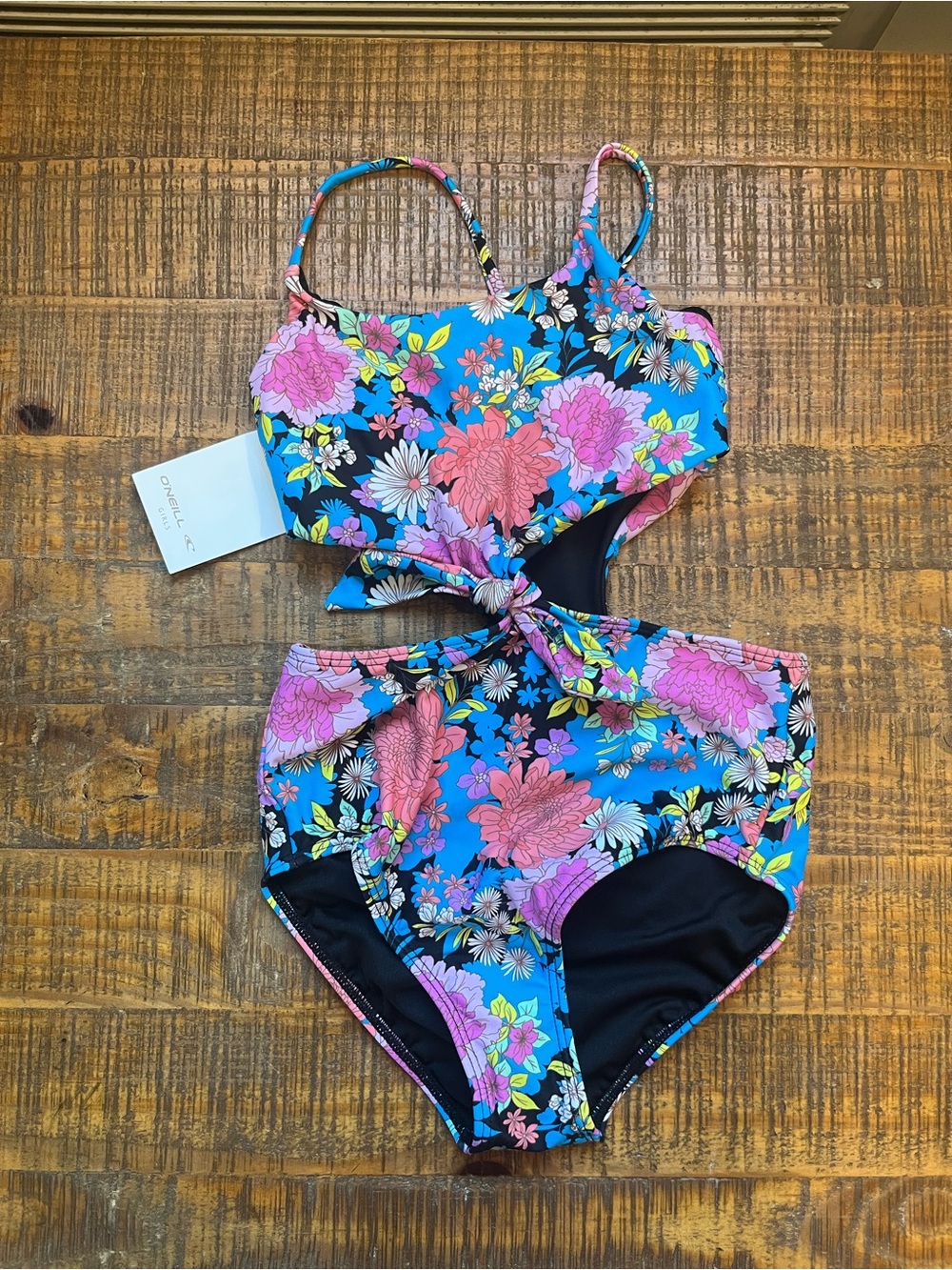 O'Neill Blue Floral Cutout Tie One-Piece Swimsuit with Pink Accents